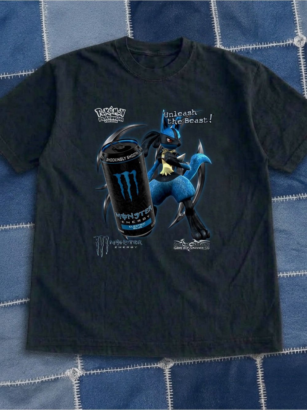 Gildan Black Graphic Tee with Blue Lucario & Monster Energy Art